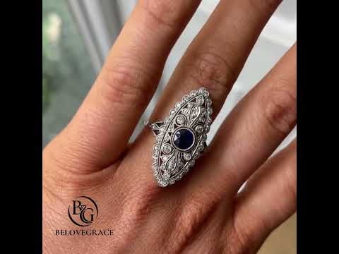 Luxury Jewelry Vintage Design Cluster Halo Round Cut Blue & White Sapphire Engagement Rings