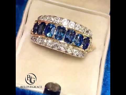 Two Tone Triple Row Cushion Cut Blue Sapphire Wedding Band Ring