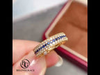 Yellow Gold Triple Row Round Cut Blue & White Sapphire Wedding Band For Women
