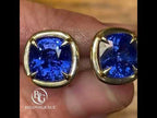 Classic Solitaire Yellow Gold Cushion Cut Blue Sapphire Stud Earrings For Women