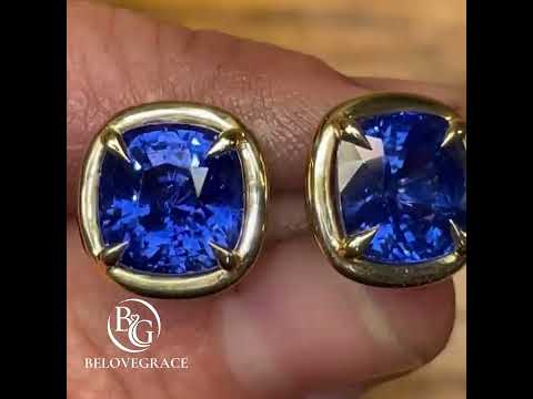 Classic Solitaire Yellow Gold Cushion Cut Blue Sapphire Stud Earrings For Women