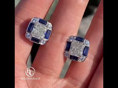 Luxury Jewelry Art Deco Radiant Cut White  & Blue Sapphire Stud Earrings For Women