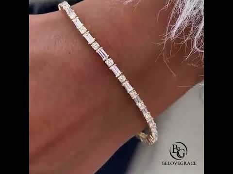 Golden Round & Baguette Cut White Sapphire Tennis Bracelet For Women