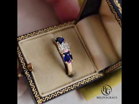 Three Stone Yellow Gold Cushion Cut White & Blue Sapphire Wedding Ring