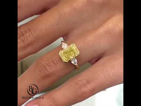 Three Stone Half Bezel Yellow Gold Radiant Cut Canary Sapphire Engagement Ring
