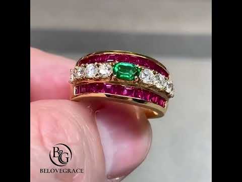 Vintage Yellow Gold Oval Cut Emerald & Ruby Sapphire Cocktail Ring