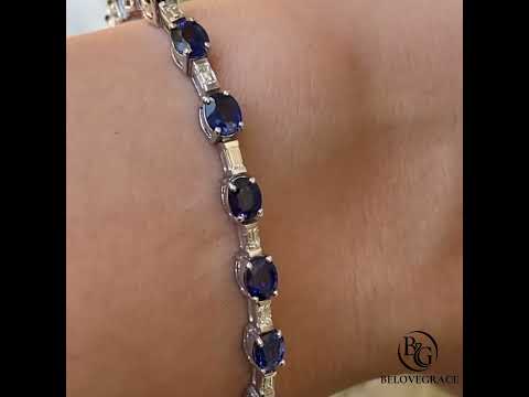 Alternating Blue Sapphire Oval & Baguette Cut Tennis Bracelet For Women