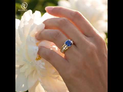 Yellow Gold Half Bezel Cushion Cut Blue Sapphire Cocktail Ring For Women
