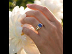 Yellow Gold Half Bezel Cushion Cut Blue Sapphire Cocktail Ring For Women