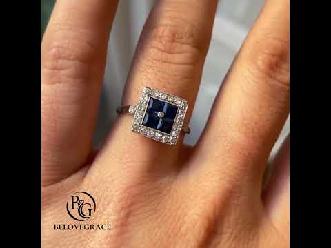 Luxury Jewelry Art Deco Halo Asscher Cut Blue & White Sapphire Engagement Rings