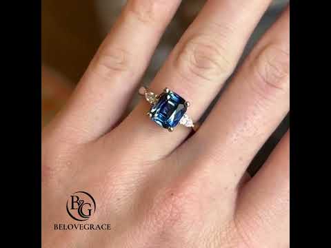 Luxury Jewelry Golden Three Stone Cushion Cut Blue & White Sapphire Engagement Rings