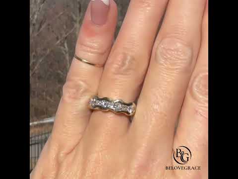 Wave Shape Yellow Gold Round & Princess Cut Wedding Band Ring