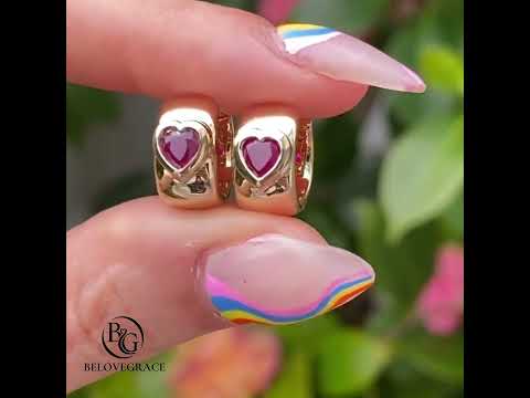 Classic Yellow Gold Bezel Solitaire Heart Cut Ruby Sapphire Hoop Earrings For Women