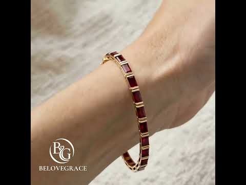 Classic Yellow Gold Baguette Cut Ruby Sapphire Tennis Bracelet For Women