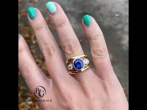 Bezel Set Yellow Gold 3 Stone Blue Sapphire Oval Cut Cocktail Engagement Ring