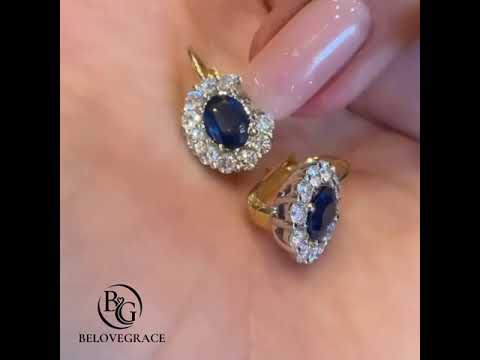 Halo Two Tone Oval Cut Blue Sapphire Drop Earrings For Women