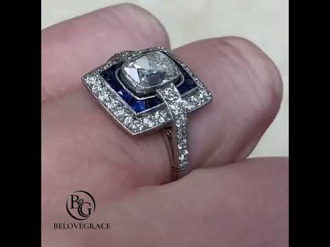 Luxury Jewelry Antique Design Double Halo Cushion Cut White & Blue Sapphire Engagement Rings