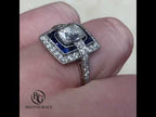 Luxury Jewelry Antique Design Double Halo Cushion Cut White & Blue Sapphire Engagement Rings