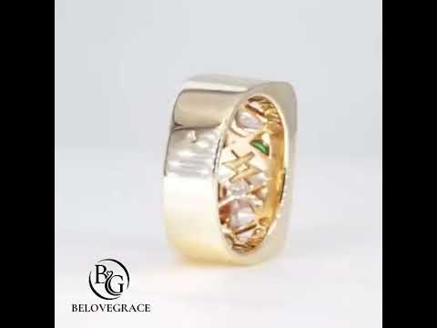 Yellow Gold Art Deco Half Bezel Cushion Cut Emerald Sapphire Engagement Ring