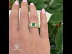 Three Stone Bezel Yellow Gold Emerald Cut Emerald  & White Sapphire Engagement Ring