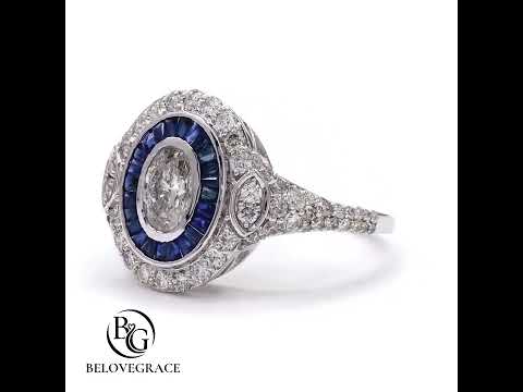 Art Deco Double Halo Bezel Oval Cut White Sapphire Engagement Ring