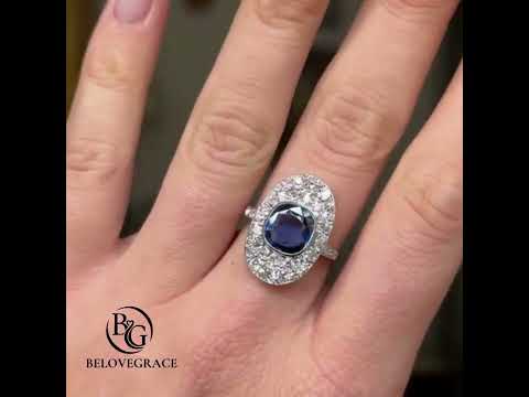 Luxury Jewelry Two Tone Antique Design Halo Cushion Cut Blue & White Sapphire Engagement Rings