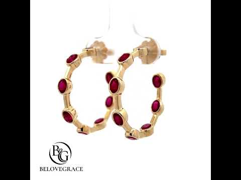 Bezel Setting Yellow Gold Oval Cut Ruby Sapphire Hoop Earrings For Women