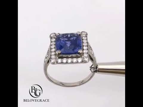 Art Deco Halo Cushion Cut Blue Sapphire Engagement Ring