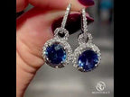 Elegant Round Cut Blue Sapphire Halo Dangle Earrings For Women