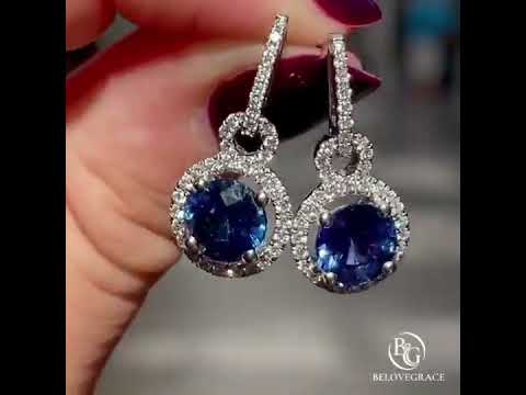 Elegant Round Cut Blue Sapphire Halo Dangle Earrings For Women