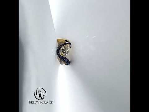 Luxury Jewelry Two Tone Unique Design Pave Setting Pear Cut White & Blue Sapphire Engagement Rings