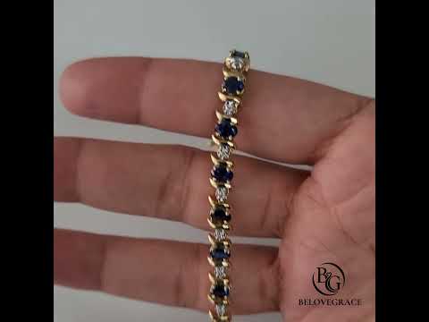Golden Oval Cut Blue Sapphire Tennis Bracelet For Women