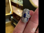 Art Deco Emerald Cut Blue Sapphire Moissanite Halo Engagement Ring