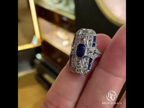Art Deco Emerald Cut Blue Sapphire Moissanite Halo Engagement Ring