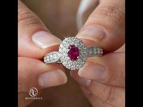 Vintage Double Halo Oval Cut Ruby & White Sapphire Engagement Ring