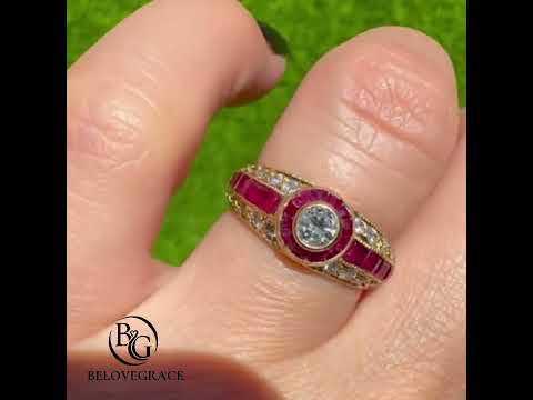 Vintage Art Deco Yellow Gold Bezel Halo Round Cut  White & Ruby Sapphire Engagement Ring
