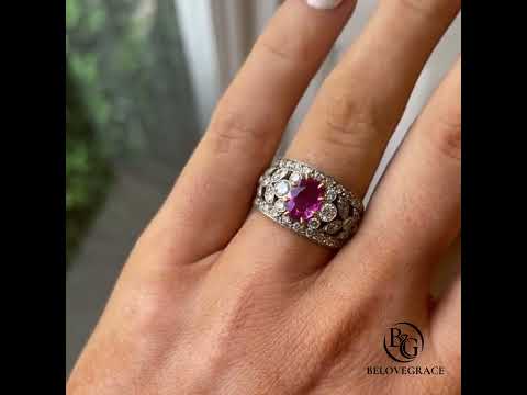 Art Deco Wide Milgrain Oval Cut Lab Ruby Sapphire Wedding Band Ring