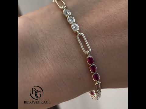 Fashion Yellow Gold Bezel Cushion Cut Ruby & White Sapphire Bar Link Bracelet For Women