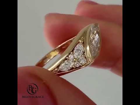 Unique Design Yellow Gold Bezel Marquise Cut White Sapphire Cocktail Ring For Women