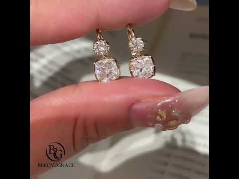Classic Yellow Gold Cushion & Round Cut White Sapphire Drop Earrings For Women