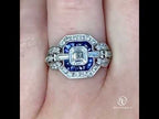 Milgrain Double Halo Asscher Cut White & Blue Sapphire Engagement Ring