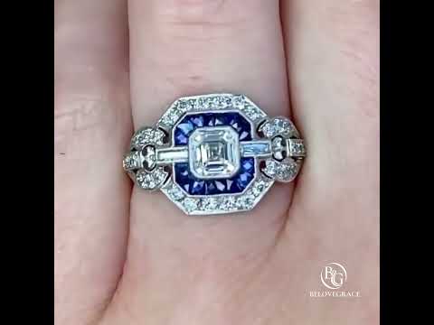 Milgrain Double Halo Asscher Cut White & Blue Sapphire Engagement Ring