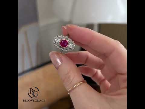 Art Deco Two Tone Bezel Round Cut Ruby & White Sapphire Engagement Ring