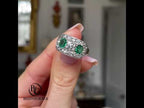 Luxury Jewelry Antique Design Two Tone Halo Round & Cushion Cut Emerald & White Sapphire Half Eternity Wedding Band For Women