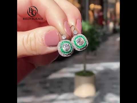 Double Halo Cushion Cut Emerald & White Sapphire Drop Earrings For Women