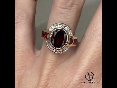 Art Deco Two Tone Bezel Setting Oval Cut Garnet Sapphire Moissanite Engagement Ring