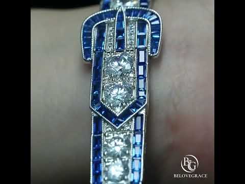 Buckle Design Art Deco Blue Sapphire Princess Cut Tennis Bracelet for Women(26.0CT)