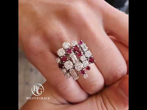 Luxury Jewelry Unique Design Round & Baguette Cut Ruby & White Sapphire Cluster Statement Rings