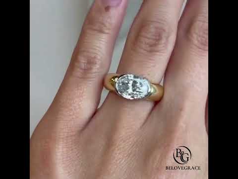 Bezel Set Two Tone Oval Cut Moissanite Solitaire Engagement Ring
