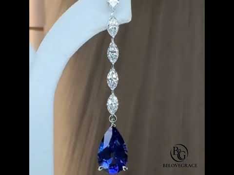 Elegant Pear Cut Blue Sapphire Linear Drop Wedding Earrings For Women